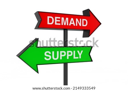 Red and Green Direction Arrow with Demand and Supply Sign on a white background. 3d Rendering 