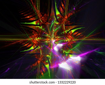 Red And Green Flame Fractal Rays Emanating From Central Focal Point With Hot Pink And White Blurred Rays.