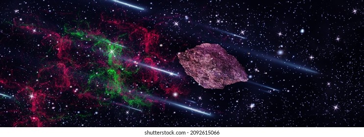 Red Green Nebula Lights, Shining Stars And Meteor Shower In Dark Space