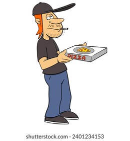 Red haired pizza delivery guy standing and smoking a cigarette holding a pizza box - Powered by Shutterstock