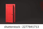 Red half open door frame in the middle of the room on black background. 3D rendered image. 3D Illustration
