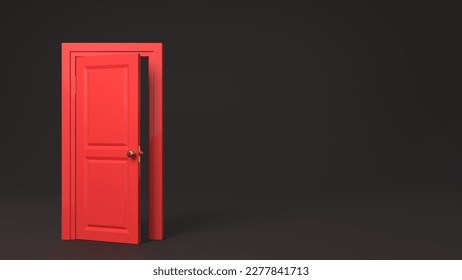 Red half open door frame in the middle of the room on black background. 3D rendered image. 3D Illustration