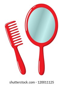 Red Hand Mirror And Comb Isolated On A White Background.