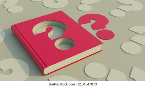 Red hardcover book with question symbol deeply engraved on it. Concept of mystery, curiosity and puzzle. 3D rendering illustration. 