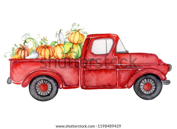 Red Harvest Truck Pumpkins Thanksgiving Hand Stock Illustration 1198489429