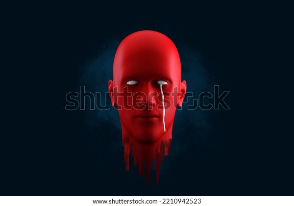 The\
red head of a man symbolizes problems, depression, melancholy,\
pessimism, loneliness. Unhappy, sad man in a bad mood. Modern\
design, magazine style, 3D render, 3D\
illustration