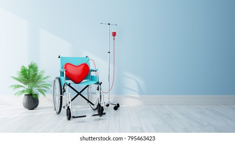 Red Heart In Blue Wheelchair In Hospital  , Blue Room And Wood Floor;take Care Patient Well Concept. ,concept,3d Illustration