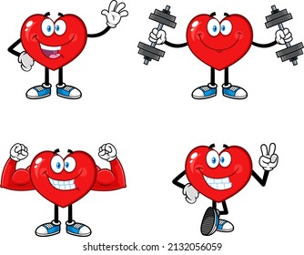 Red Heart Cartoon Character Series. Raster Collection Set Isolated On White Background