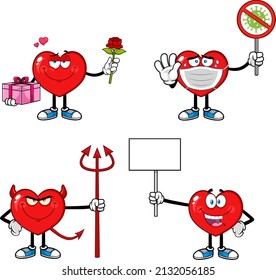 Red Heart Cartoon Character Series. Raster Collection Set Isolated On White Background