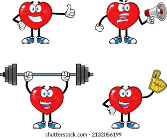 Red Heart Cartoon Character Series. Raster Collection Set Isolated On White Background