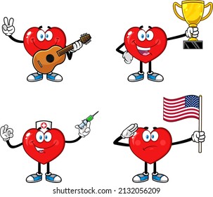 Red Heart Cartoon Character Series. Raster Collection Set Isolated On White Background