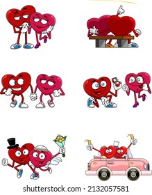 Red Heart Cartoon Character Series. Raster Collection Set Isolated On White Background