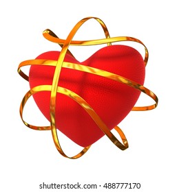 A red heart in a golden cage like a basketball ball. 3d render.