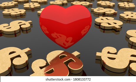 Red Heart With Golden Dollar Signs.3d Illustration