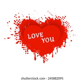 Red heart with ink splashes, scratches and stains and the wording: LOVE YOU. Great design element for any love theme as Valentine's Day.