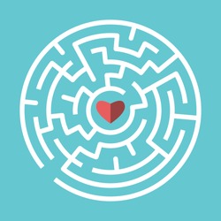 Corazón Rojo Dentro Del Laberinto Circular Blanco Sobre Fondo Azul Turquesa. El Amor, La Relación Y El Concepto De Búsqueda. Diseño Plano. Copia De Seguridad