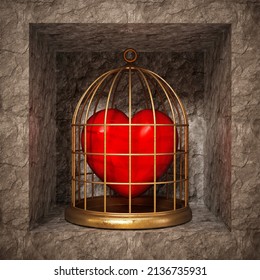 Red Heart Locked In Gold Birdcage. 3D Illustration.