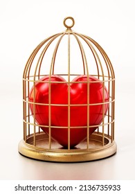 Red Heart Locked In Gold Birdcage. 3D Illustration.