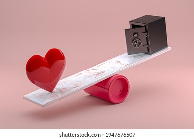 Red Heart And Safe On Seesaw. 3d Rendering