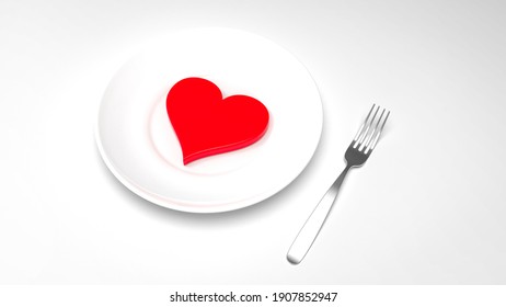 Red Heart Served On A Plate With A Fork. Love And Food Concept. 3d Rendering