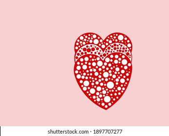 Red Heart Shape With White Polka Dot Pattern, With Two Similar Heart Shapes Behind On A Plain Pink Background. Love Concept. No People. Copy Space.