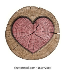 Red Heart Symbol Carved In Wood Logs Showing Tree Rings