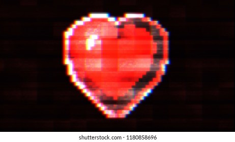 A Red Heart Symbol Made Of Big Pixel Blocks, On A Black Background, With A Heavy Glitch Damage And An RGB Separation Effect.