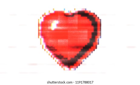 A Red Heart Symbol Made Of Big Pixel Blocks, On A White Background, With A Heavy Glitch Damage And An RGB Separation Effect.
