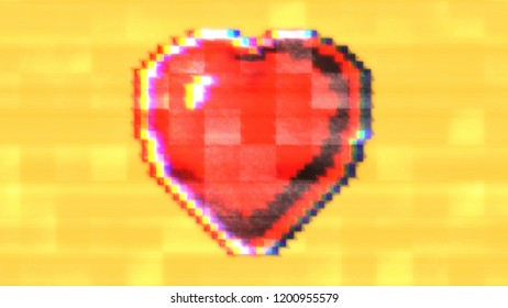 A Red Heart Symbol Made Of Big Pixel Blocks, On A Yellow Background, With A Heavy Glitch Damage And An RGB Separation Effect.
