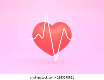 Red Heart With White Pulse Line Icon On A Pink Background. Heart Pulse. Heartbeat Line, Cardiogram. Cardiac Assistance, Pulse Beat Measure, Medical Healthcare Concept. 3d Rendering