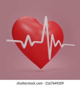 Red Heart With White Pulse Line On Pink Background. Heart Pulse. Heartbeat Lone, Cardiogram. Healthy Lifestyle, Cardiac Assistance, Pulse Beat Measure, Medical Healthcare Concept. 3d Rendering.