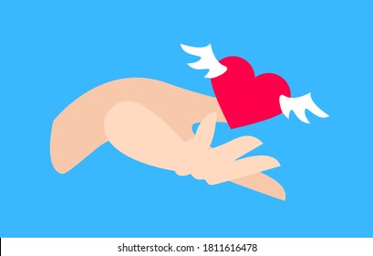 Red Heart With White Wings In Hand, Flat Raster Illustration Isolated On White Background. A Symbol Of Selfless Gift, Charity, Donations, Help, Love And Friendship.