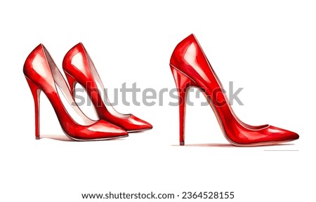 Red high heels in watercolor style illustration for woman, pair of beautiful high heel