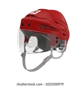 Red Hockey Helmet On White. 3D Illustration