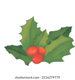 Red holly berries and holly leaves color illustration watercolor and digital for printing and web design of postcards and cards - Powered by Shutterstock