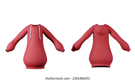 Red Hoodie Mockup, Isolated On A White Background. Empty Sweatshirt Layout, Front And Back View, 3d Render.