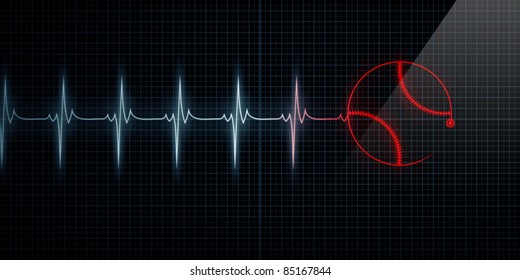 Red Horizontal Pulse Trace Heart Monitor with a baseball in line. Concept for sports medicine, baseball players, or die-hard baseball fans.