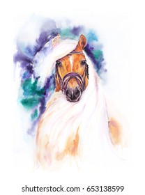 The red horse with a white mane. Original hand drawn watercolor illustration.