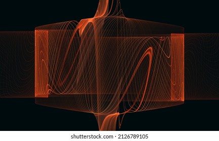 Red Hot Glowing Melting Ripples, Strings, Vibrations In Abstract 3d Shape Of Fluid Geometry. Concept Of Sound Waves, Rhythm Pulse, Audio Stream. Great As Cover Print For Electronics, Design Element. 