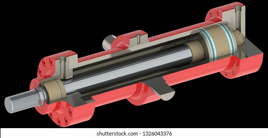 Red hydraulic cylinder high pressure with thread connection, white background, section, 3D rendering