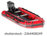 Red inflatable boat with outboard motor, 3D rendering isolated on white background