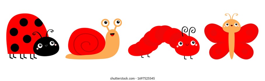 Red insect icon set line. Ladybug, butterfly, caterpillar, ladybird, snail, lady bug. Cute cartoon kawaii funny character. Smiling face. Flat design. Baby clip art. White background Isolated