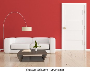 Red Interior With White Furniture