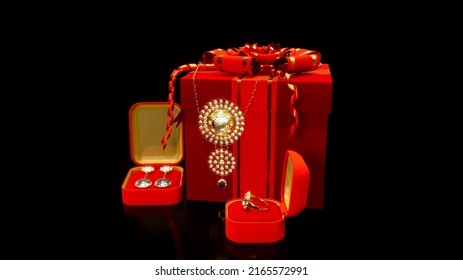 Red jewelry gift box with chaplet ring and earrings with diamonds - on black, isolated, fictive - object 3D rendering
