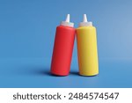 Red ketchup and yellow mustard sauce bottles on blue background. 3D illustration of the concept of condiments and fast food restaurants