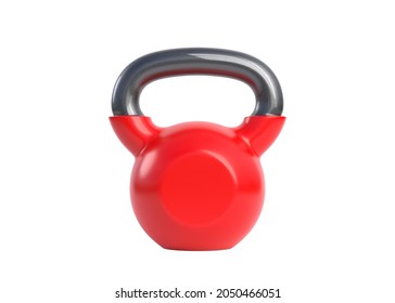 Red kettlebell isolated on a white background. Front view. Gym and fitness workouts concept. Sport equipment. Workout tools. 3D render illustration