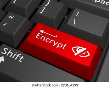 A red key with the text encrypt on a black keyboard combined with an invisible sign. 3D Illustration.