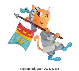 Red Knight Cat Carrying A Flag. Chivalry Kitten. Watercolor Illustration