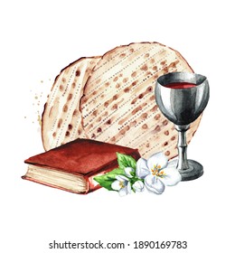 Red kosher wine in the silver glass, Traditional jewish book Haggadah and matzah or matza. Passover seder meal. Pesach. Watercolor hand drawn illustration isolated on white background
