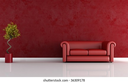 Red Leather Sofa Against Stucco Wall - Rendering